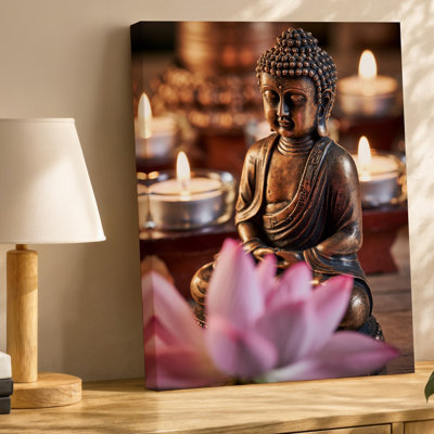 Canvas A Serene Indoor Setting Featuring A Bronze Buddha Statue Seated Wall Art In A Meditative Pose Surrounded By Softly Glowing Canvas Wall Art