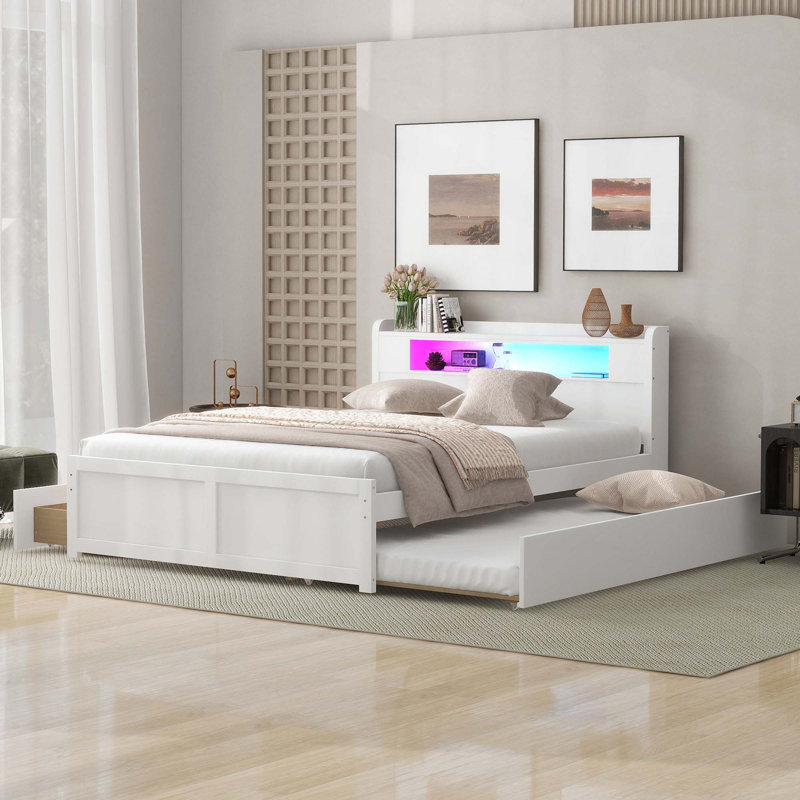 Lit mezzanine double avec bureau intégré avec deux tiroirs et tablettes et tiroirs de rangement, Blanc, Grand lit