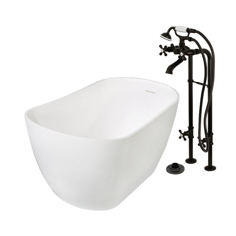 Kingston Brass Arcticstone 51-Inch Solid Surface Oval Single Slipper Freestanding Tub With Faucet Combo And Drain
