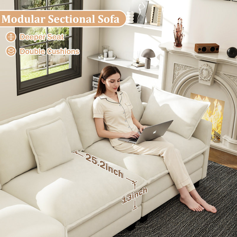 George 111.5" Modern 5 Seat Chenille L Shaped Modular Sectional Sofa, Beige