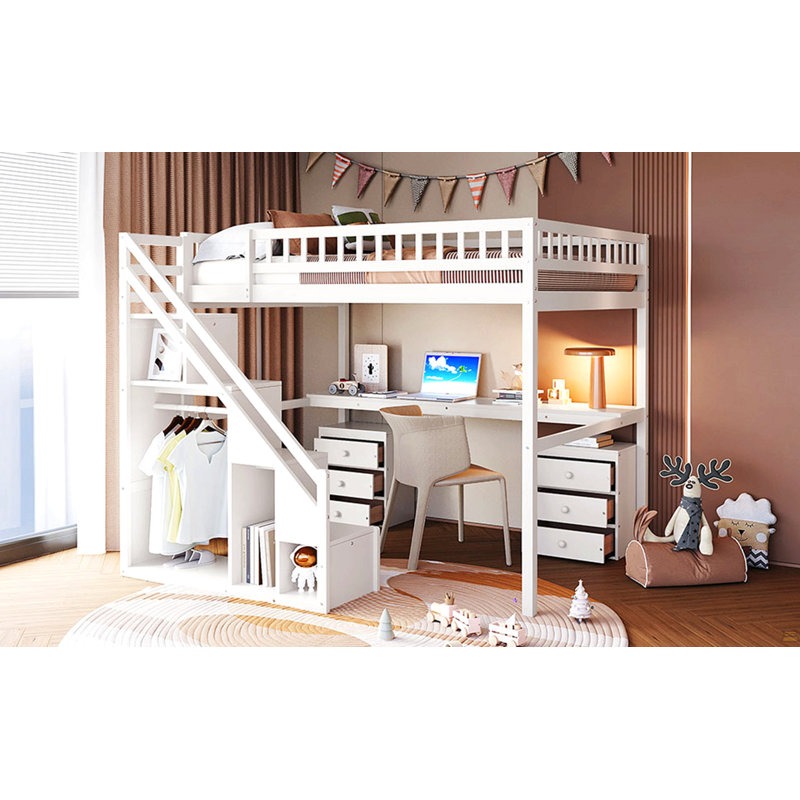 Full Size Loft Bed With Two Chest Of Drawers, Desk And Light Strip, White