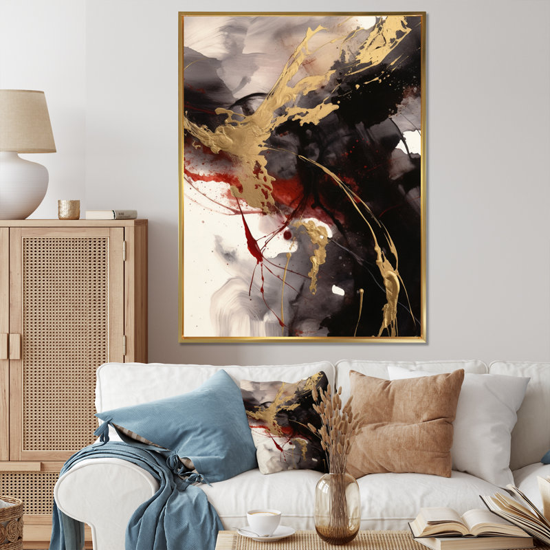 Or et fluide rouge fusion II - art mural abstrait, Cadre flottant doré, H 20 po x l 12 po