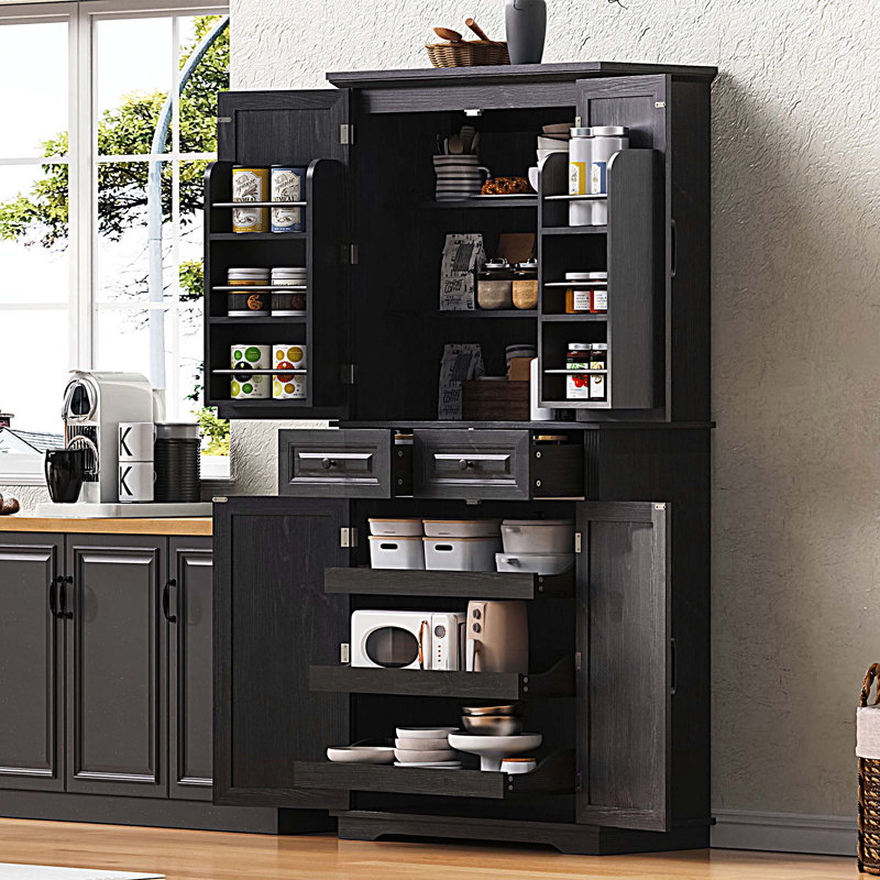 Armoire de cuisine de 71 po de hauteur avec 3 organisateurs coulissants, armoire de rangement autoportante avec 6 tablettes de porte et 2 tiroirs