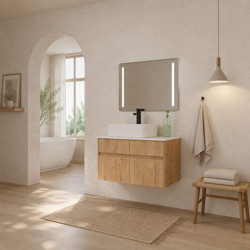 Meuble-lavabo mural flottant avec lavabo pour rangement de salle de bain, Imitative Oak