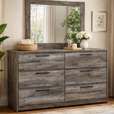 Bays 2Pc Dresser And Mirror Set, 6 Drawers, Charcoal Handles, Gray