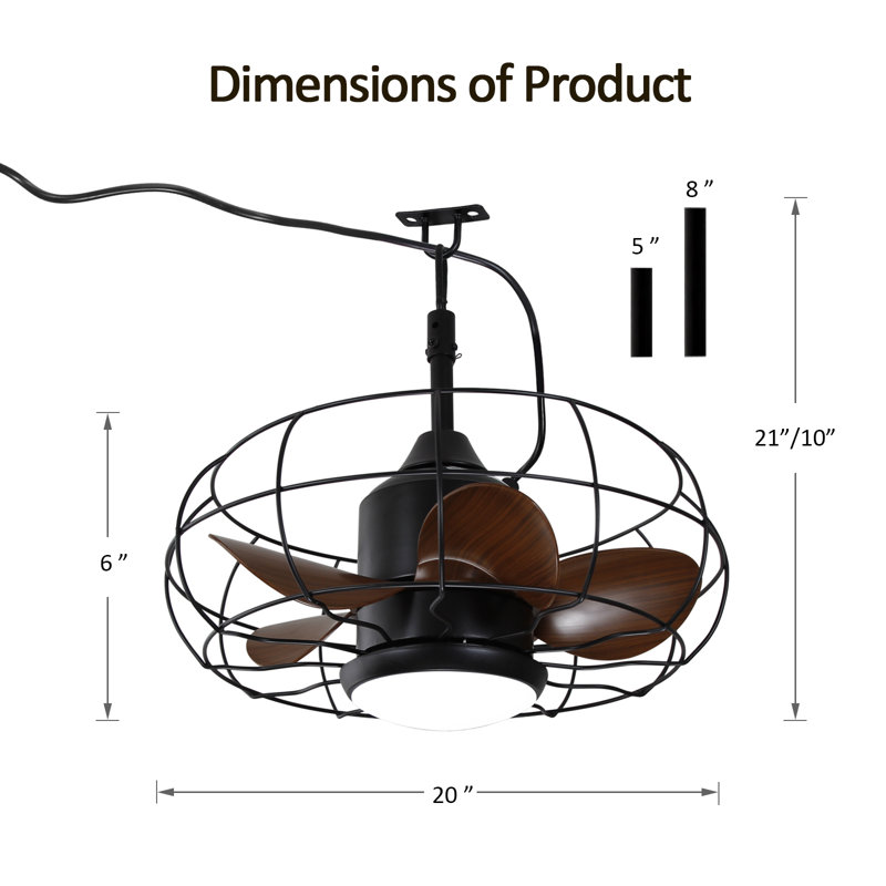 Ventilateur de plafond à cage 20 po avec lumière, ventilateur suspendu étanche à l'eau Ip44 avec télécommande