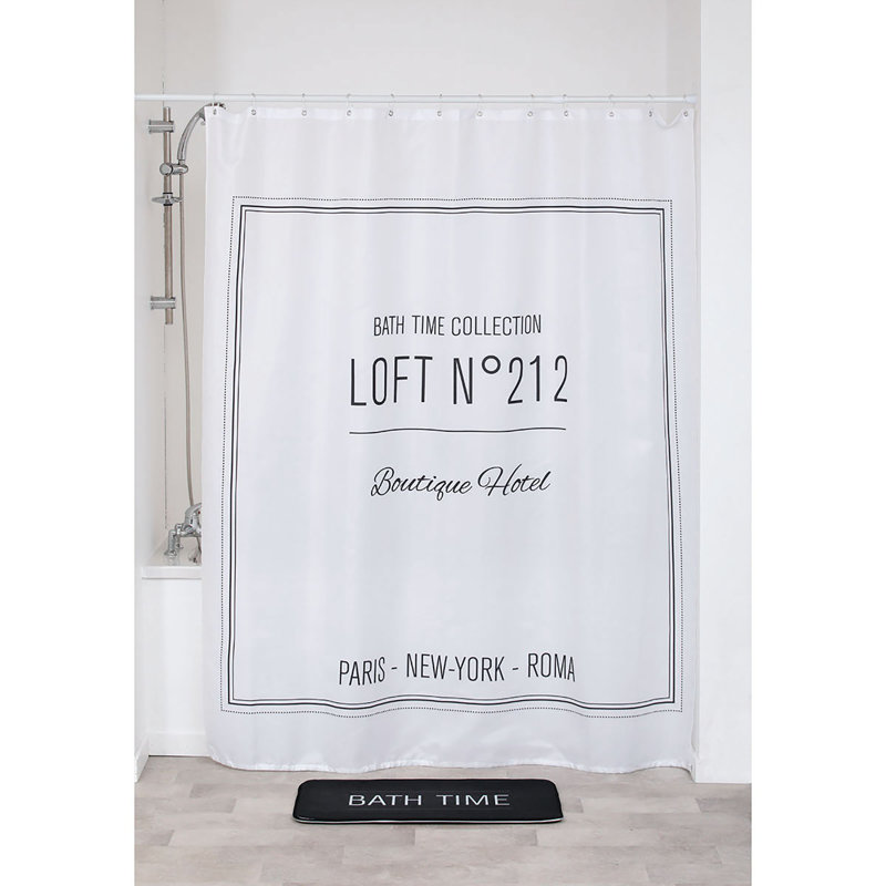 Extra Long White Polyester Shower Curtain with Black Writing Design