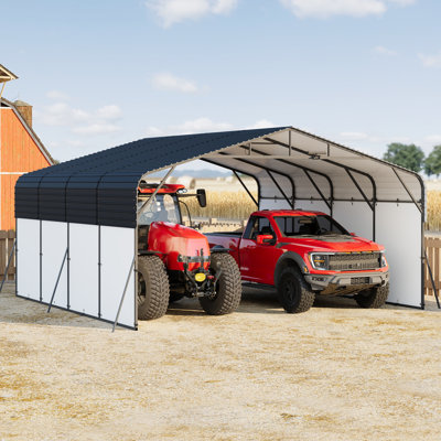 Heavy-Duty 20x20 FT Metal Carport with Galvanized Steel Roof, Reinforced Base & LED Solar Lamp – All-Weather Outdoor Shelter for 2 Cars, Boats, Trucks, Backyard Garage – Dark Gray Top, Solar Lamp