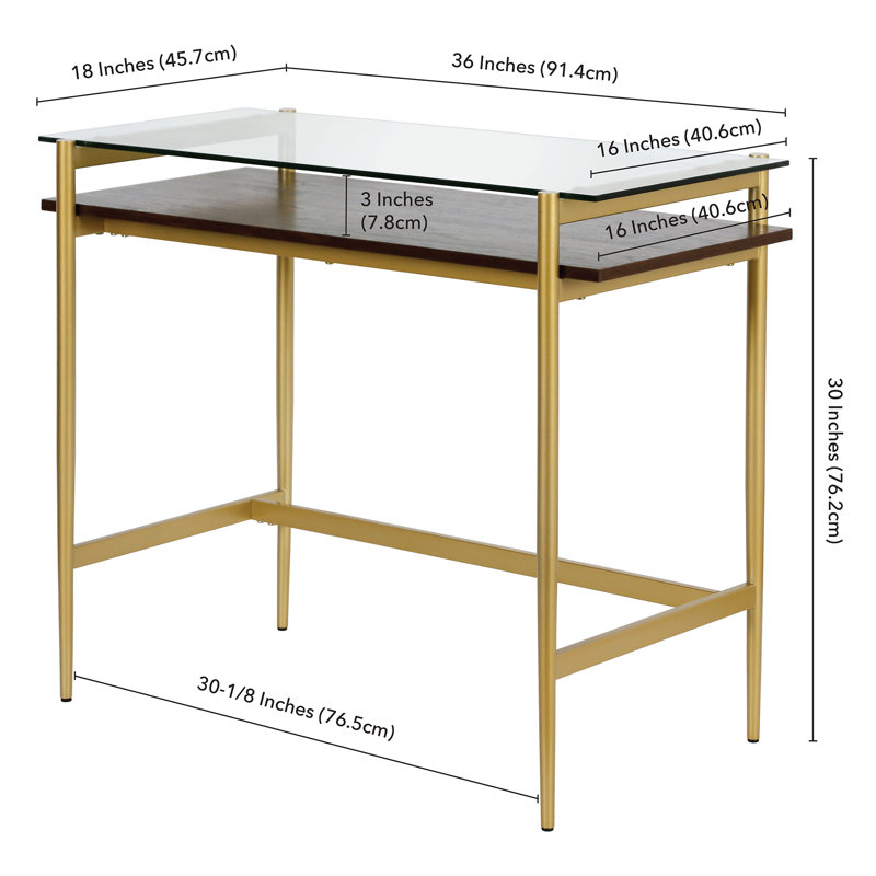 Glass Top Metal Base Writing Desk, Gold/Brown