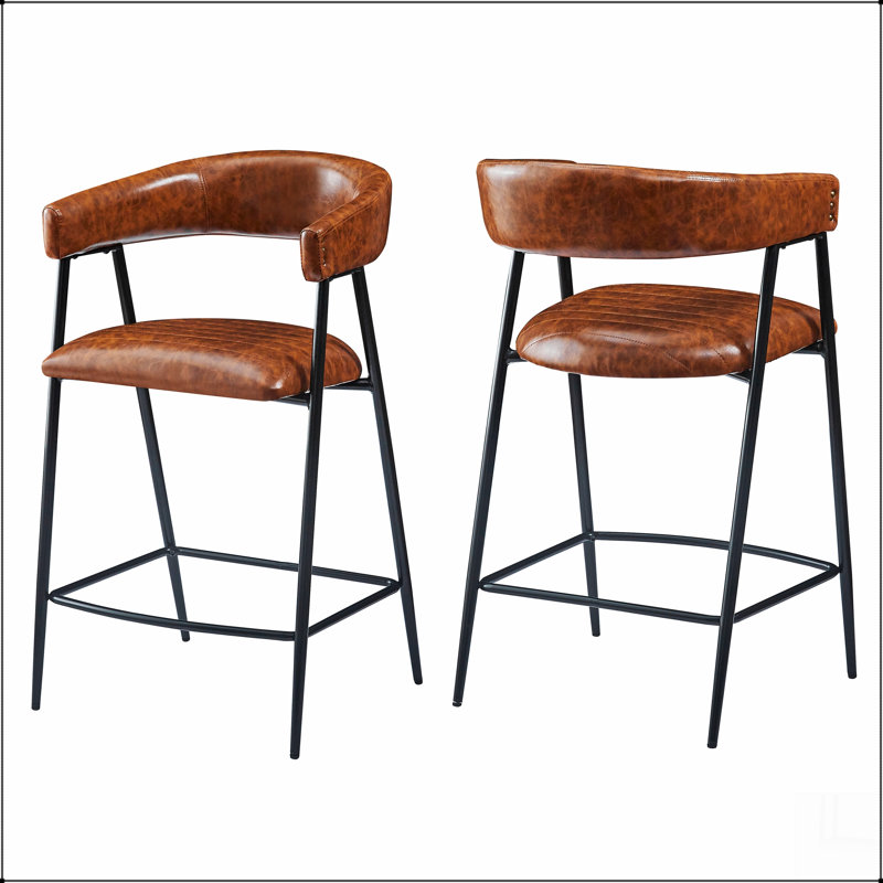 Ensemble de 2 tabourets de comptoir 26 po, tabourets de comptoir revêtus de polyuréthane avec structure en fer, dossier, repose-pieds, tabourets de comptoir avec accoudoirs pour bar à domicile, comptoir de cuisine, brun
