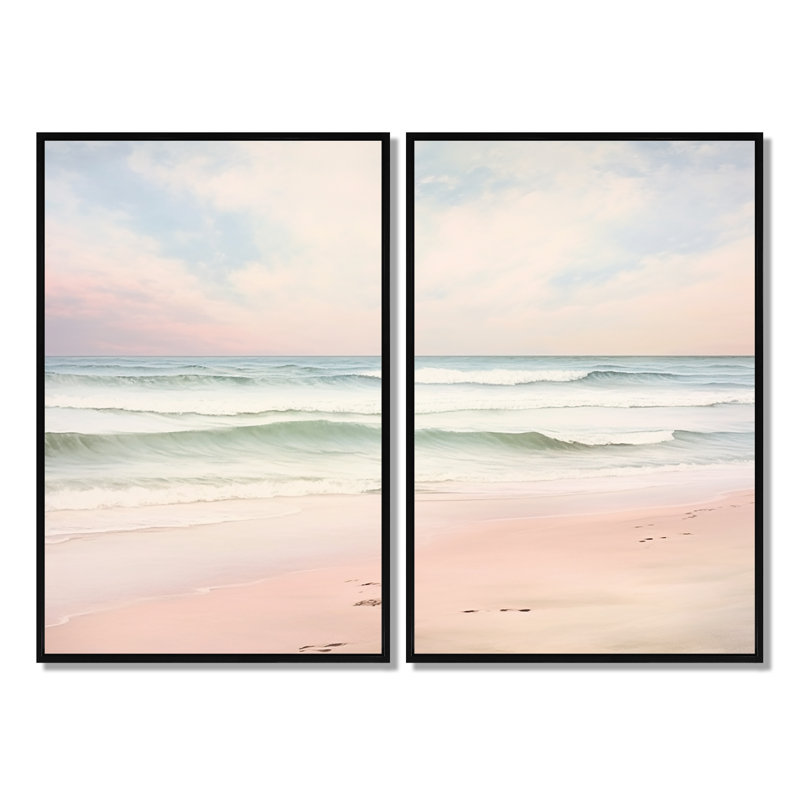 «Ocean Tranquility Tender Pink Pastel Sunrise I», reproduction d'art sur toile rose, Black, 36" H x 48" W