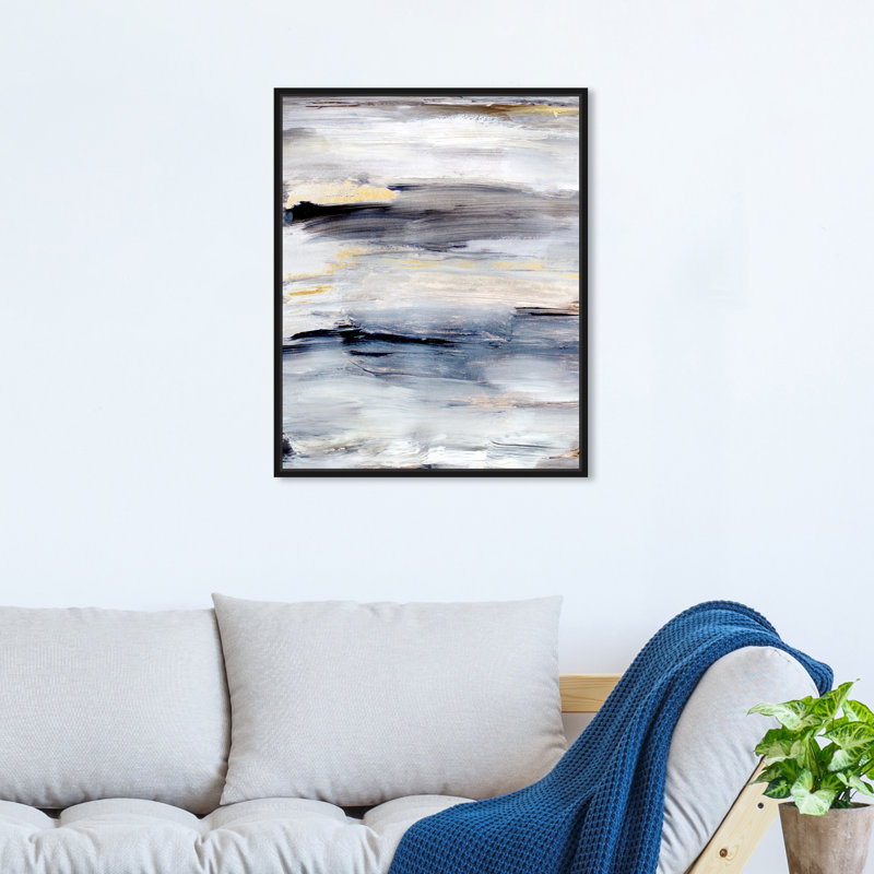 Modern Gray Brush Stroke Painting Print, 21" H x 18" W, Black Floater Framed