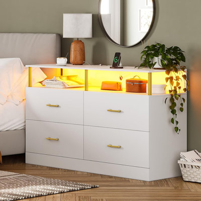 White Dresser For Bedroom With Charging Station, Dressers & Chests Of Drawers With Column Design, 4 Drawer Modern Bedroom Led Wide Wood Dresser For Be -  Wrought Studioâ¢, 7FA443742D1E42D99DBA8548C166A3DB