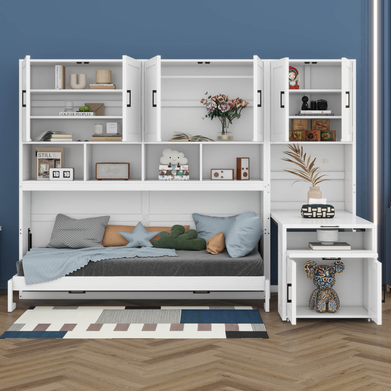 Twin Size Murphy Bed Cabinet With Desk, Closet, Storage Drawers Lockers & Shelves, White
