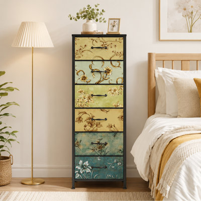 Vintage 6-Drawer Tall Storage Organizer with Fabric Bins, Wood Top and Metal Frame, Suitable for Bedroom, Nursery, Closet, Entryway, or Bedside Use