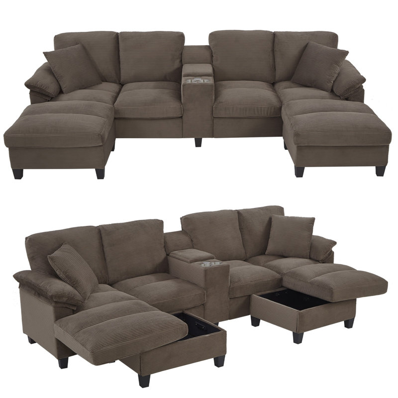 116.9" Modern U-shaped Sectional Sofa with Storage Ottomans, Center Console featuring Cup Holders & USB Ports, Corduroy Upholstered Sofa with Pillow Top Arms for Living Room