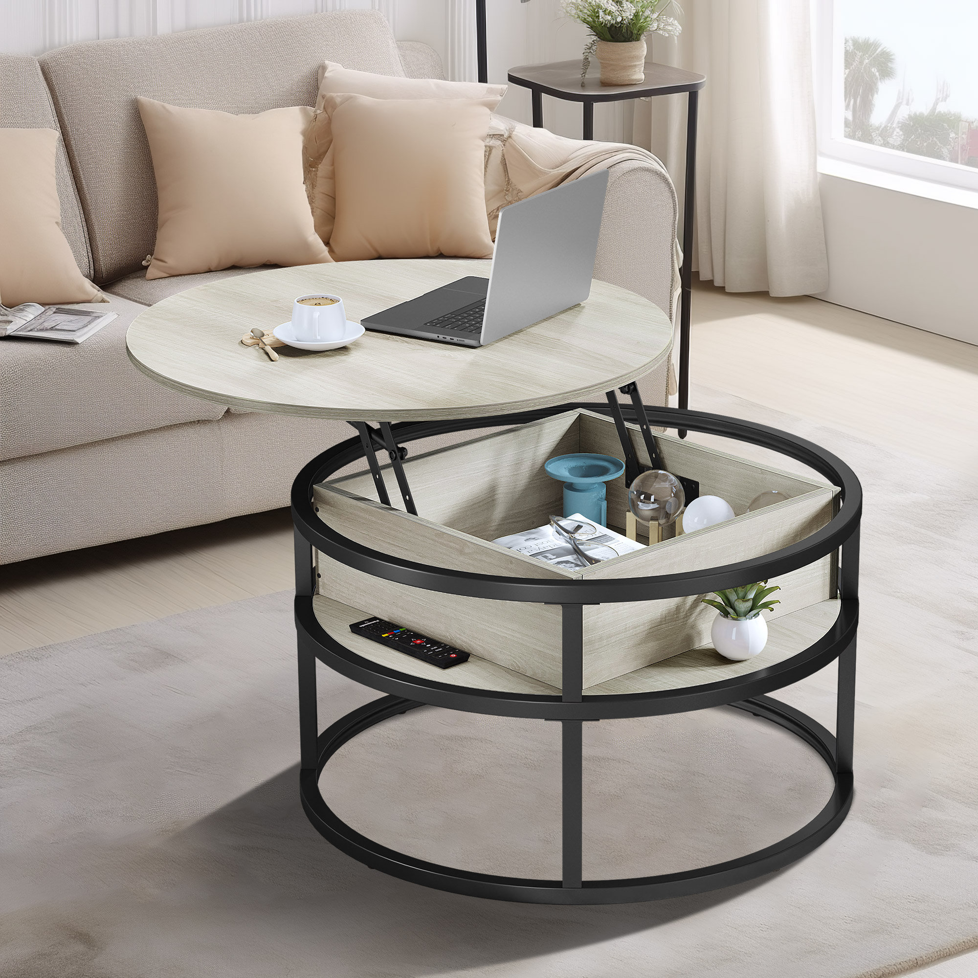 Ebern Designs 31.5“W Lift Top Extendable Round Coffee Table with Hidden ...