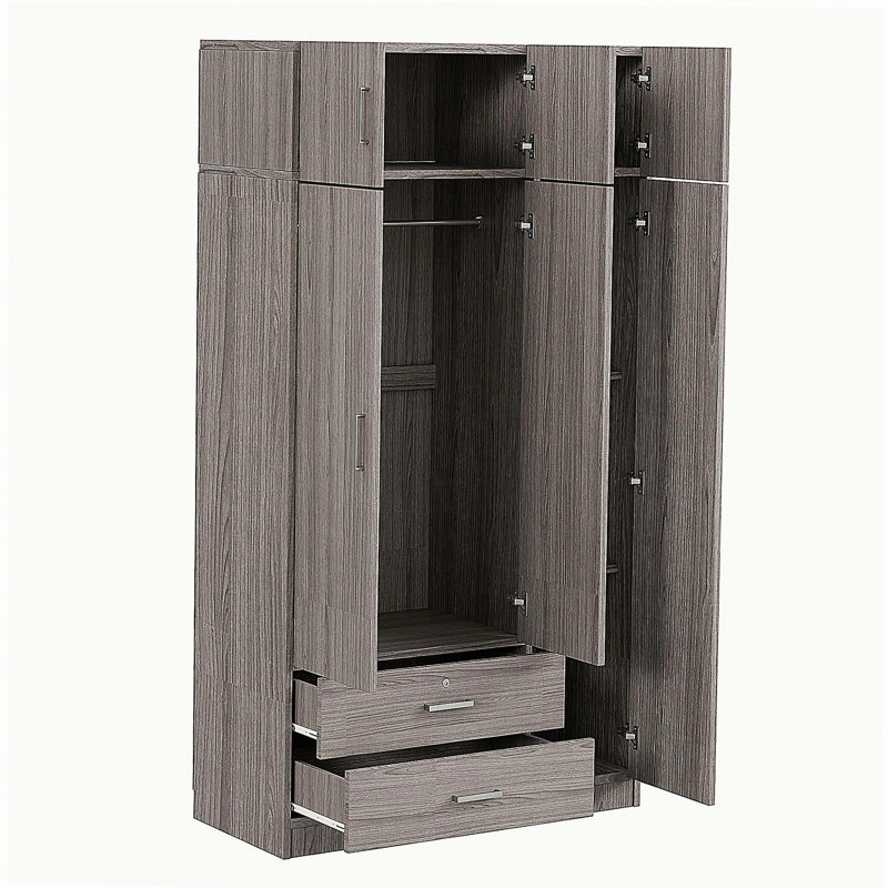 3-door mirror wardrobe, with 2 drawers and top cabinet, grey
