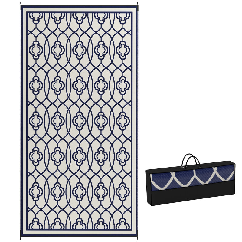 Tapis d'extérieur réversible, tapis de sol en paille de plastique imperméable 9 pi x 18 pi, tapis de camping portatif pour camping-car, grand tapis de jardin, terrasse, pique-nique, plage, lanterne bleue et blanche