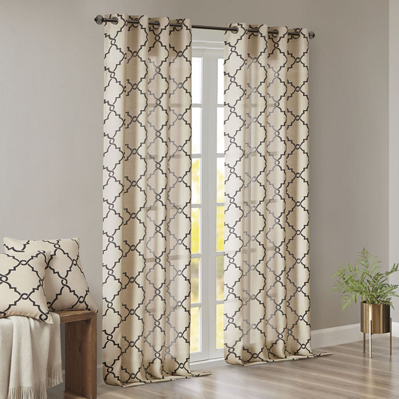 Panneau de rideau semi-transparent en polyester Stamatoula, Kaki / Noir, H 108 po x l 50 po