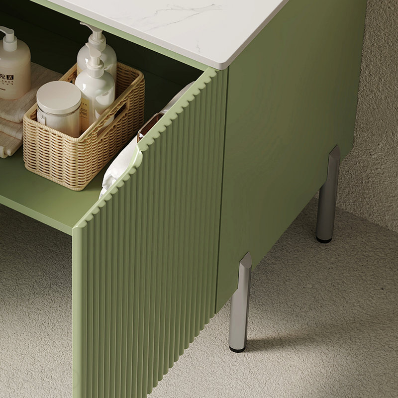 Meuble-lavabo de salle de bain 30 po avec lavabo, meuble de rangement autoportant avec 2 portes, lavabo rond en céramique blanche avec motif de pierre et comptoir blanc de Carrare, sans robinet, couleur vert clair
