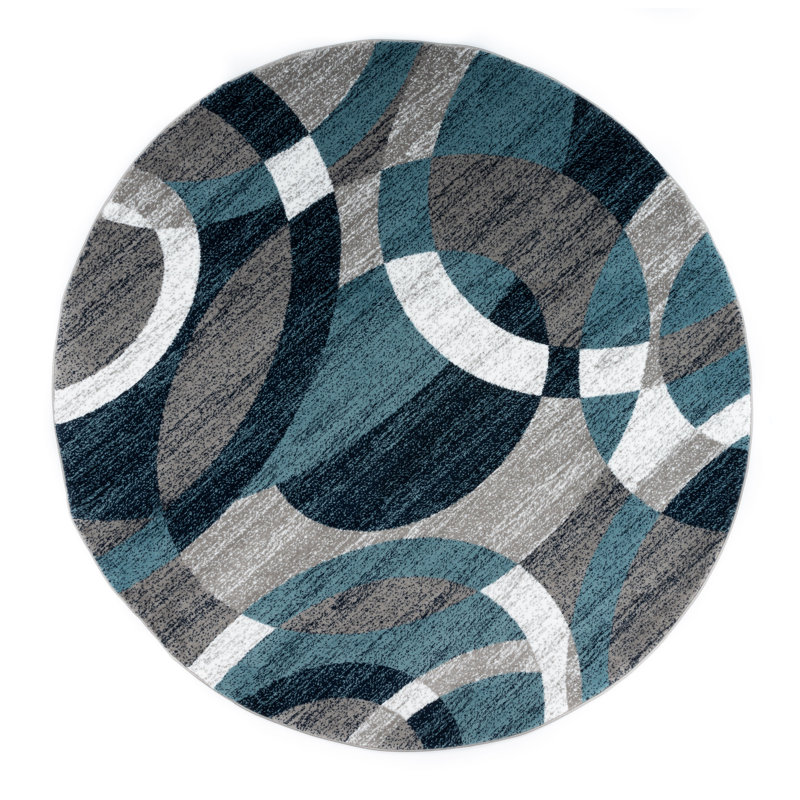 Tapis tissé à la machine abstrait bleu / ivoire / gris Mehul, Rond 6 pi 6 po