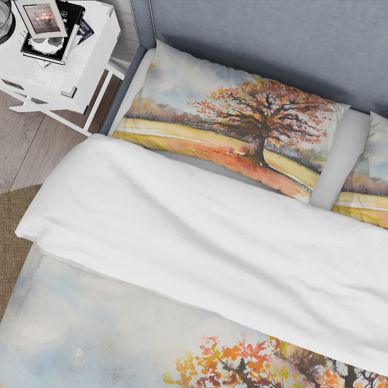 Lone Oak In The Fields avec feuilles d'automne - Ensemble de housse de couette traditionnel - Microfibre de polyester