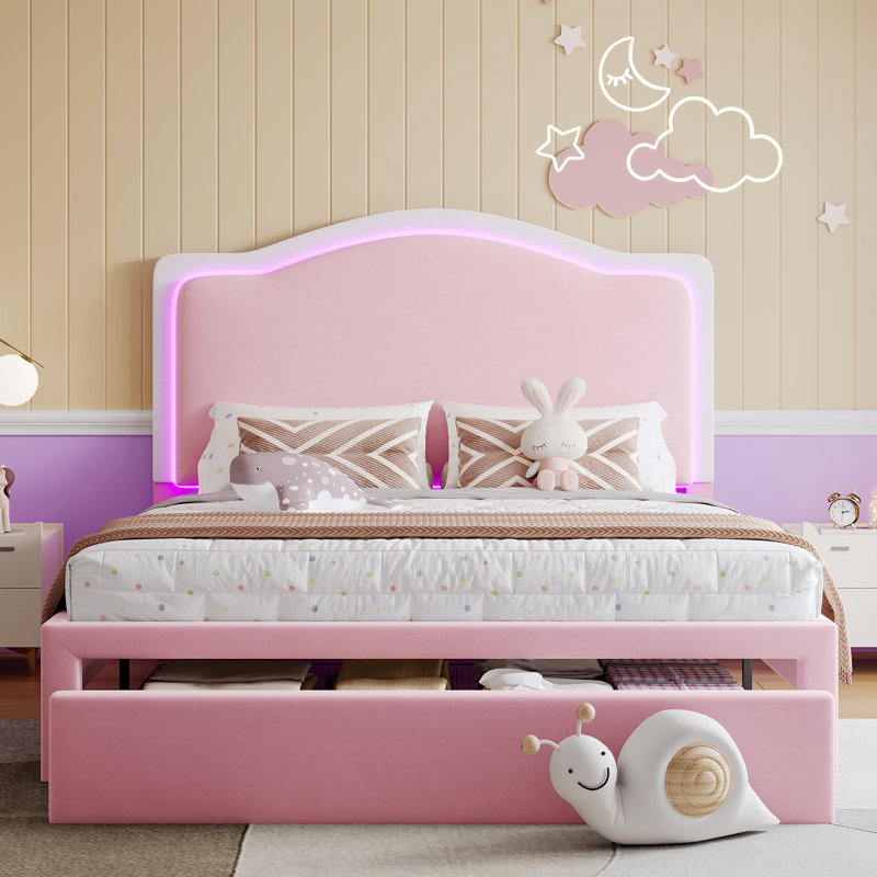 Chaille LED Bed Frames with Storage Drawer, Upholstered Platform Bed with Adjustable Headboard, Twin, Pink