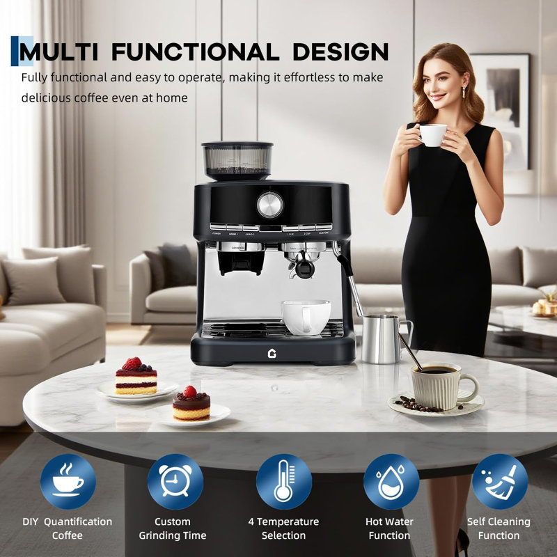 All-in-One Espresso Machine with Integrated Coffee Grinder, 20 Bar Pressure and Milk Frothing Steam Wand