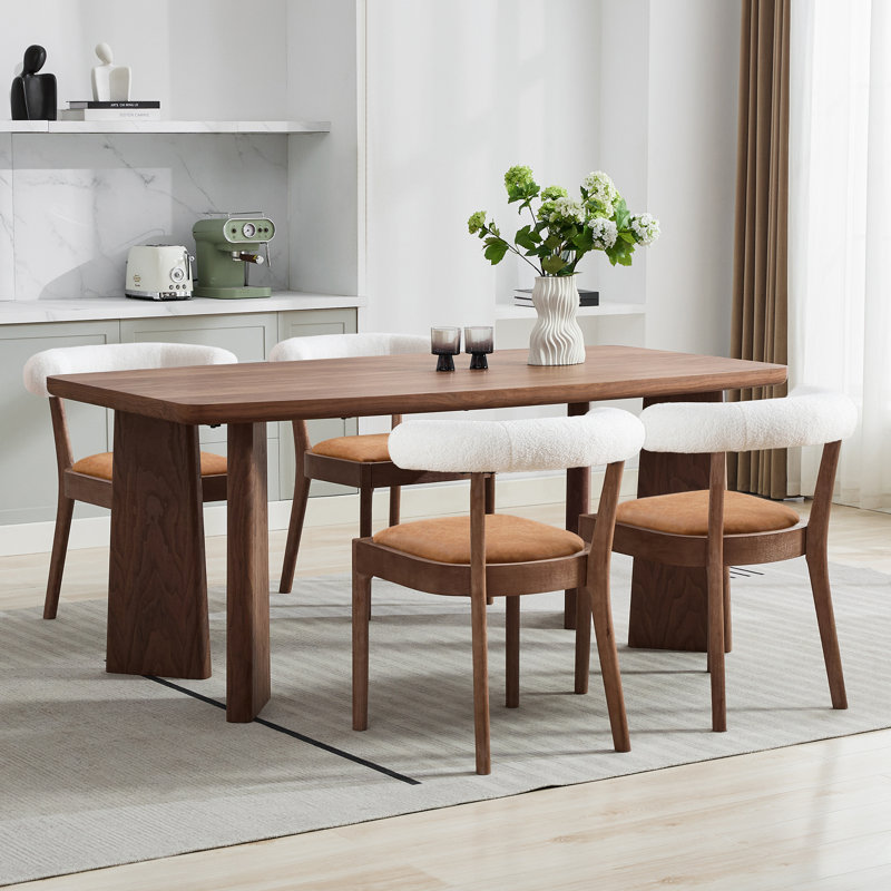 Ensemble de table à manger moderne, table de salle à manger rectangulaire et chaise de salle à manger rembourrée à dossier demi-tonneau avec structure en bois massif pour la salle à manger / cuisine