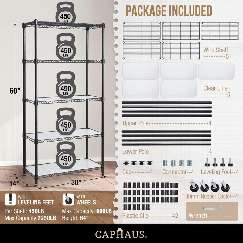 CAPHAUS NSF Commercial Heavy Duty 5-Tier Adjustable Wire Shelving w/Wheels, Leveling Feet & Liners, 30 x 14 x 64, Black