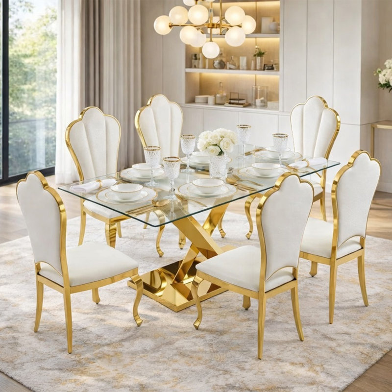 7-Piece Modern Glass Dining Table Set with 6 Faux Leather Chairs, 7 Pieces: Table, 6 Chairs
