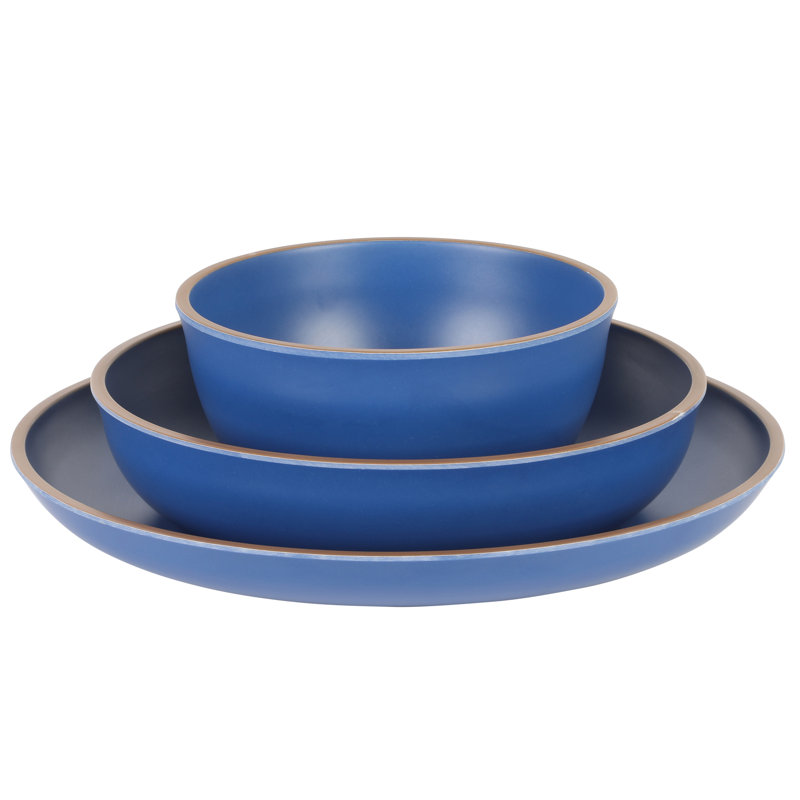 Matte Blue Melamine 12-Piece Double Bowl Dinnerware Set