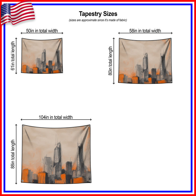 Tapisserie murale orange City Skyline - décor mural paysage urbain, 104 po H x 88 po avec 4 œillets
