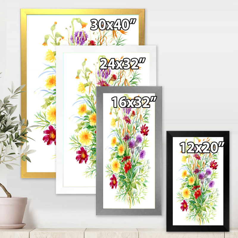 Fleurs sauvages dans la nature - reproduction d'art sur toile, H 32 po x l 16 po x P 1 po, Encadrement argenté