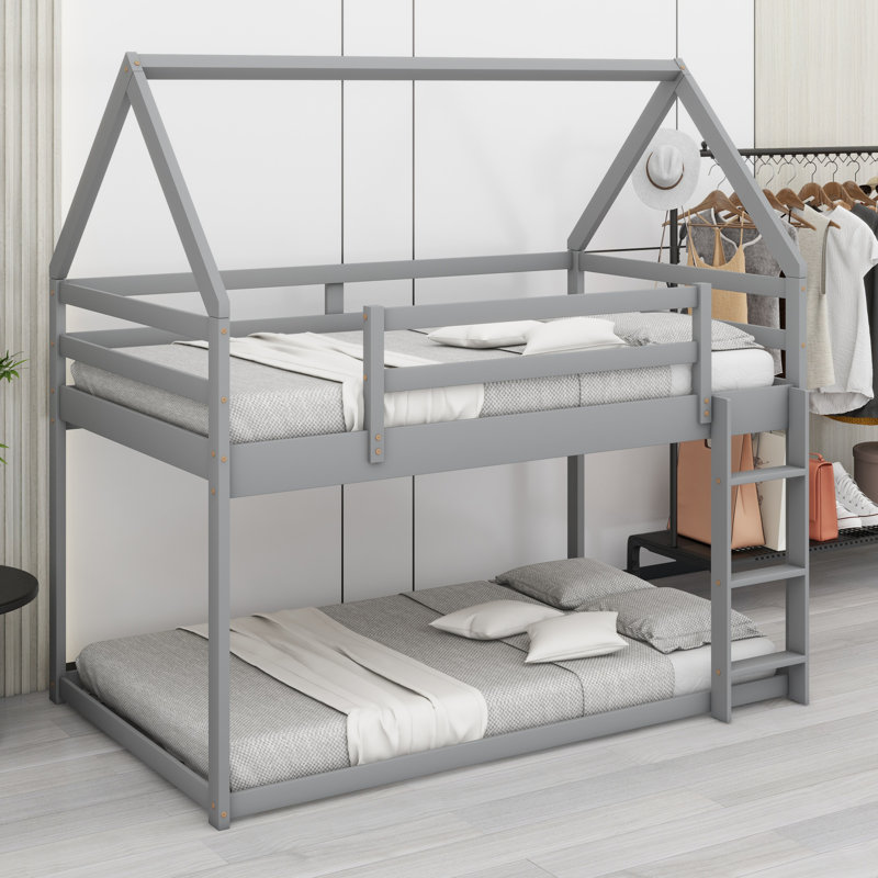 House Low Bunk Bed With Ladder, Gray