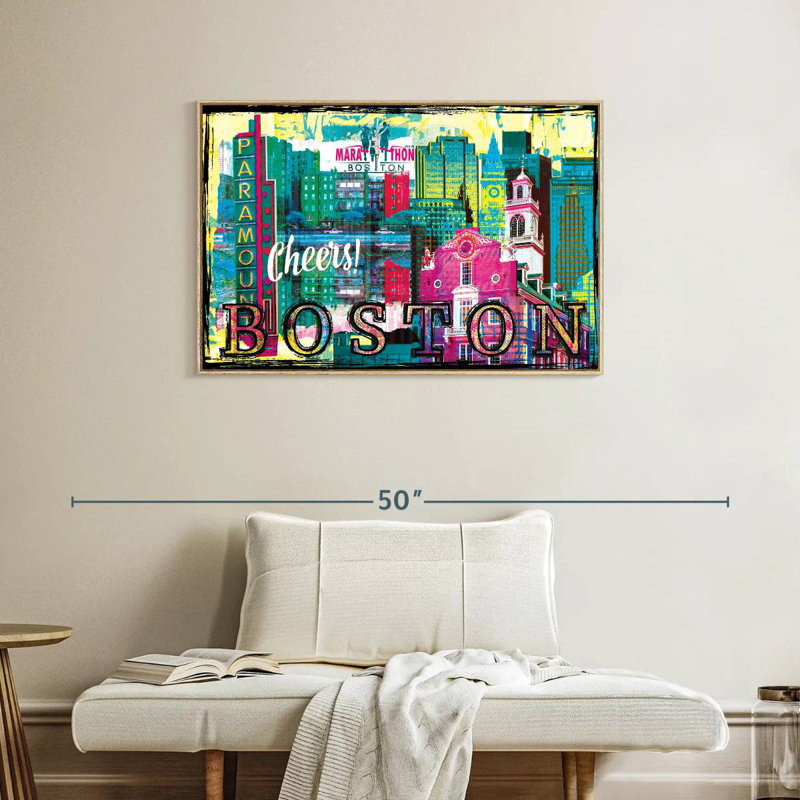 Repères grunge de Boston City, Cadre flottant en bois naturel, 37 po x 25 po