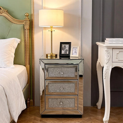 3-Drawer Mirrored Nightstand Bedside Table Glass Accent End Table, Silver