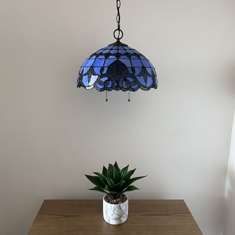 Perran Tiffany Hanging Lighting Blue Stained Glass Baroque Style LED Bulbs Included 16”W*16”D*75”H