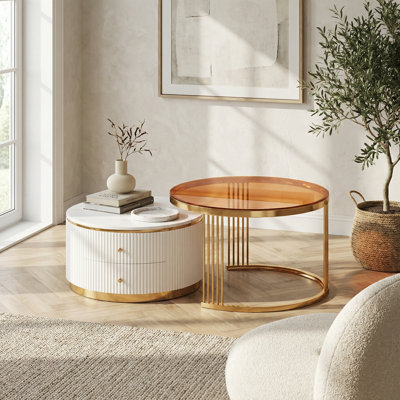 Ensemble de tables basses modernes gigognes 2 pièces avec tiroirs intégrés et pieds décoratifs dorés