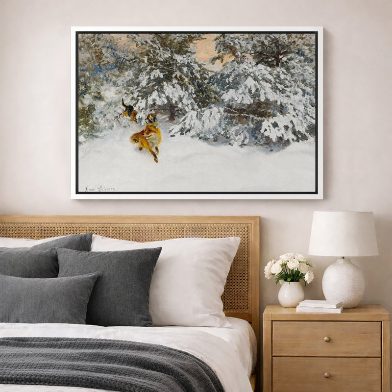 Art, reproduction de giclée sur toile encadrée, "Red Fox Chased by Hound in Snow", H 24 po x l 36 po, Cadre flottant blanc