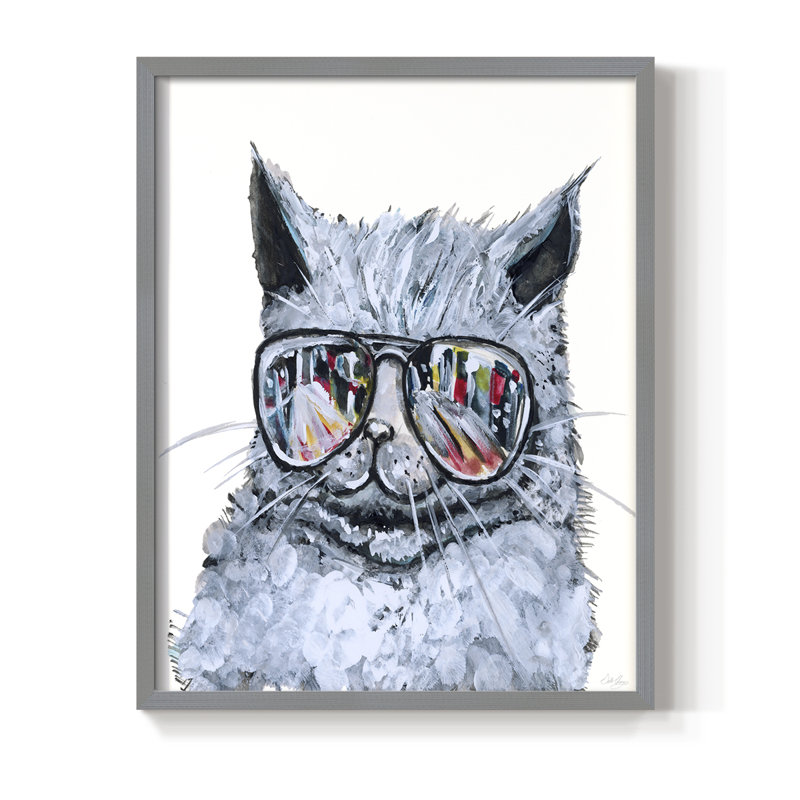 «Kitty with Shades», reproduction encadrée - bois massif, H 21 po x l 17 po, Gris