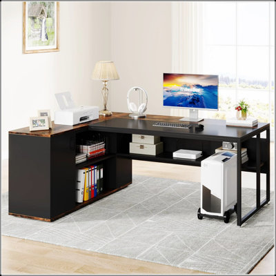 71 Inch L-Shaped Executive Desk with Storage, Shelves, Printer Cabinet, and CPU Stand for Home Office