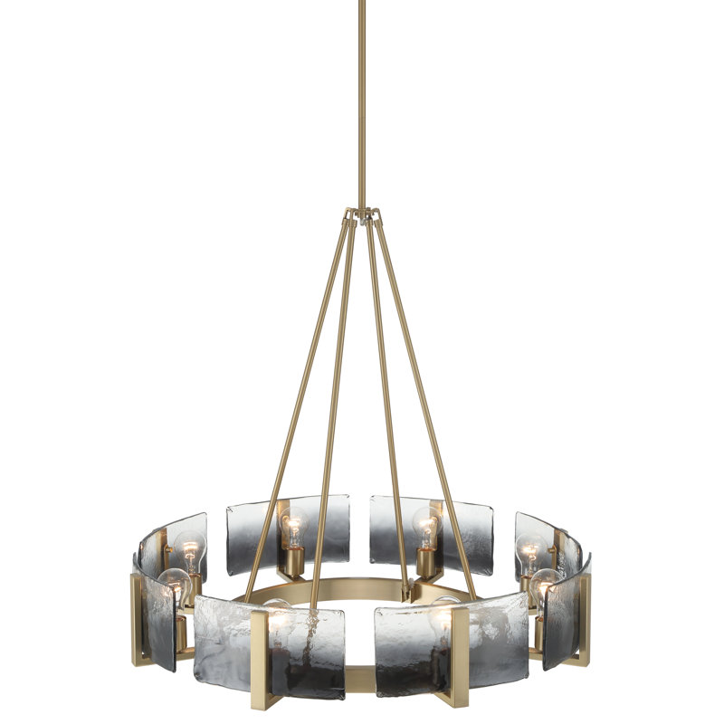Lustre 8 lumières en laiton champagne brossé avec verre d'eau fumé Slavin, Verre à eau fumé, 8 lumières