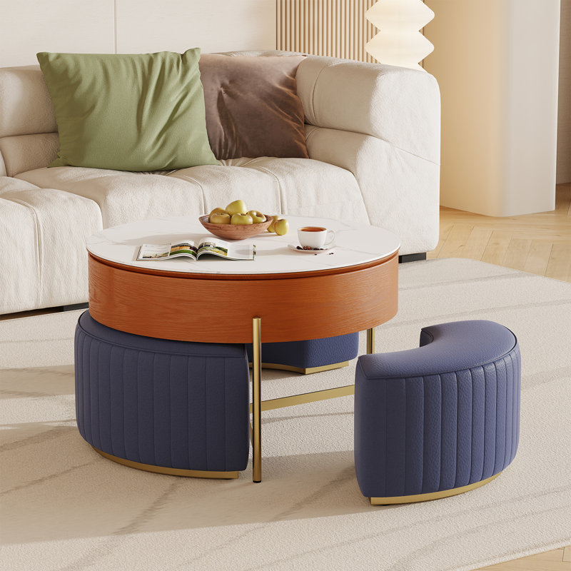 Table basse 32 po avec 3 tabourets modulables avec rangement, Bleu