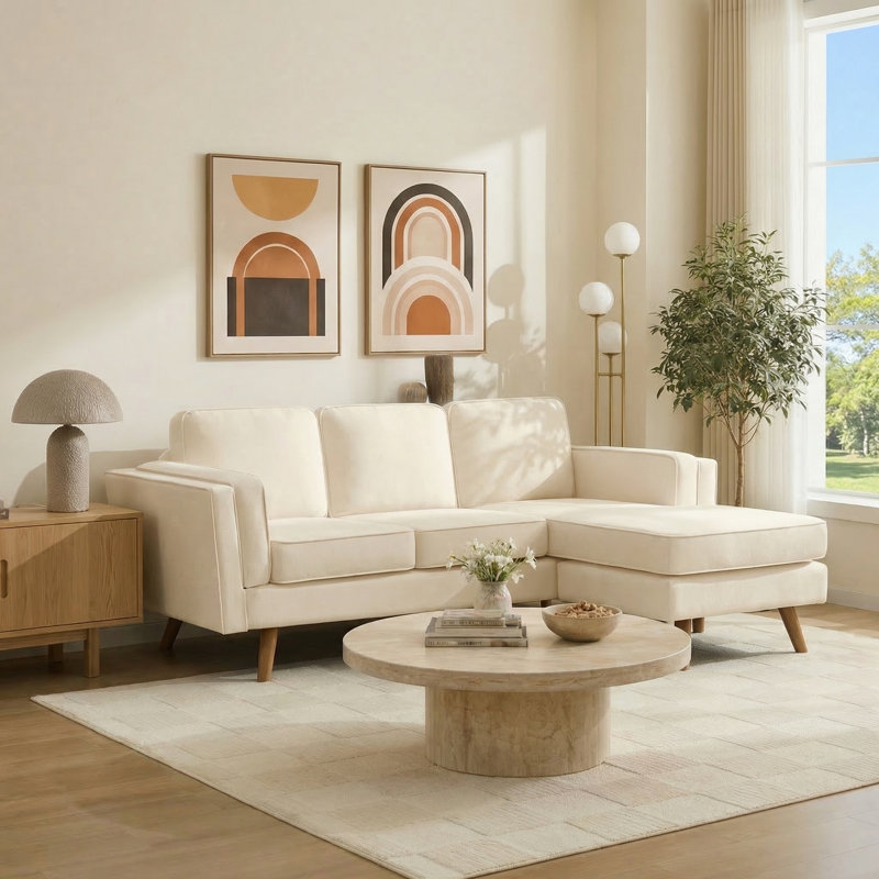 84'' Upholstered Reversible Sectional Sofa with Chaise, Movable Ottoman, Solid Wood Legs and Frame, Beige Chenille