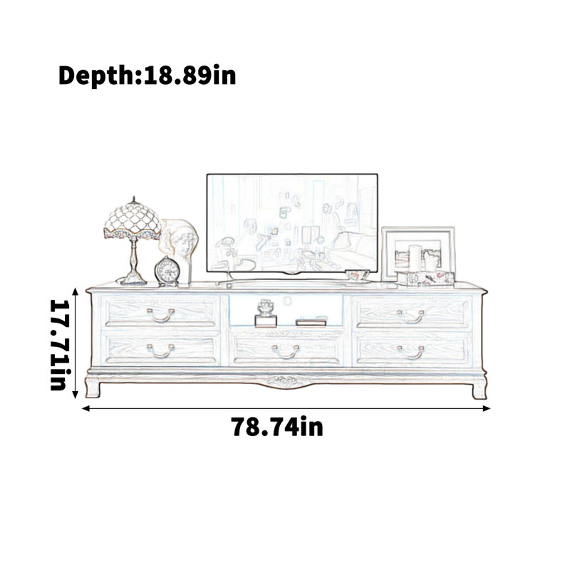 Meuble télé multifonctionnel en bois de peuplier blanc rétro, H 17,71 po x L 78,74 po x l 18,89 po