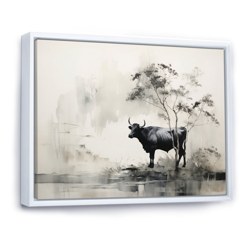 Art asiatique, vache Sumi xiv - impression, Cadre flottant blanc, H 34 po x l 44 po x P 1,5 po