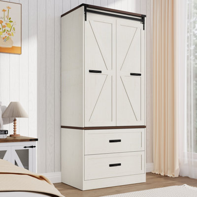 72.8"H Farmhouse Armoire Wardrobe Closet With Sensor Light And 2 Drawer, Folding Sliding Barn Door Armoire Cabinet With Hanging Rod For Bedroom