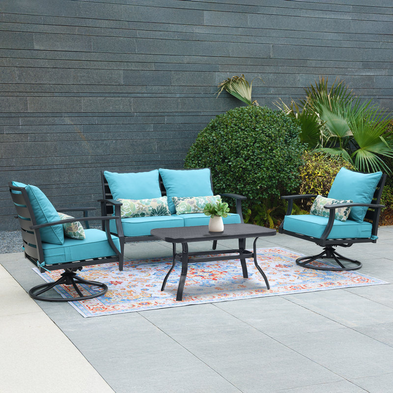 Lucy Outdoor Seat and Back Cushion（Set of 2 Seats, 2 Backs, 2 Pillows), Blue
